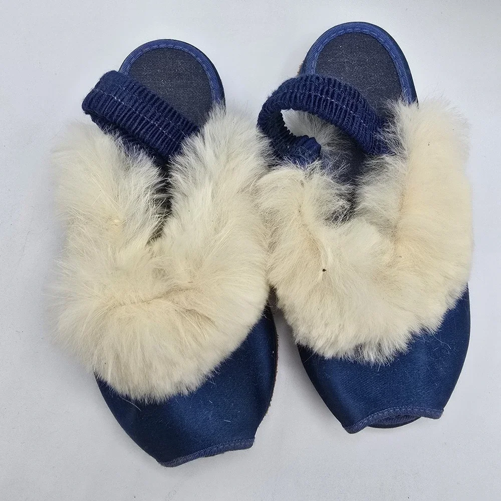 Vtg Antique Children Girls Shoes Blue Satin Fur Classy Formal Sandals‎